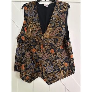 Vintage‎ Blue Sky Hand Made Bali Batik Vest 2X Beaded Tropical Floral